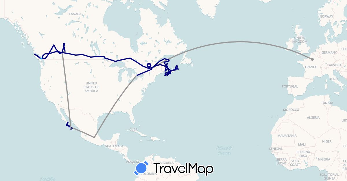 TravelMap itinerary: driving, plane, boat in Canada, France, Mexico (Europe, North America)